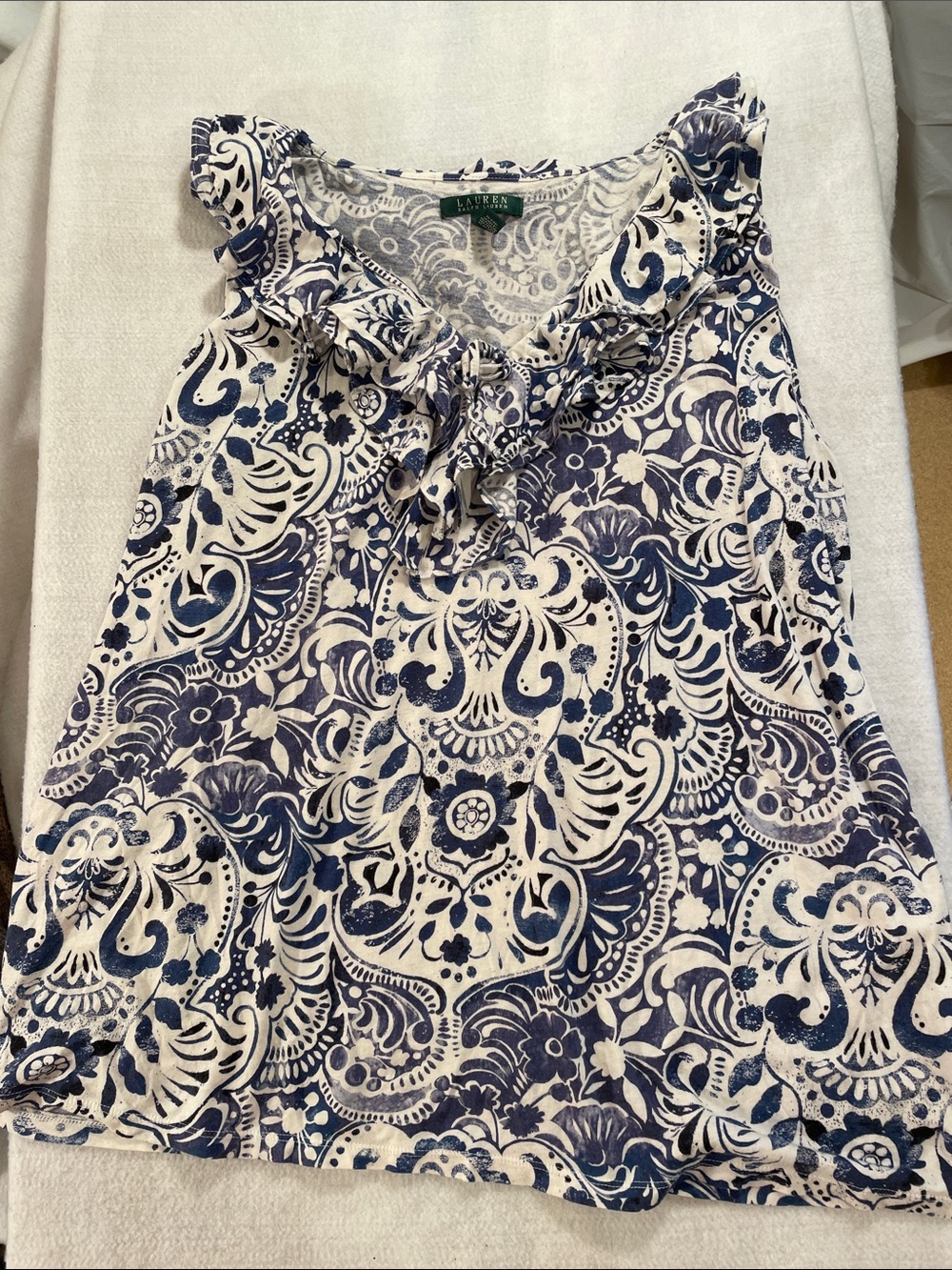 Lauren Ralph Lauren Navy and White Paisley Ruffle-Trim Tank Top